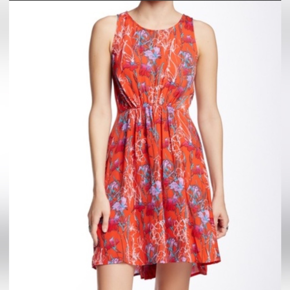 Michael Stars Red and Purple Floral Sleeveless Mini Flare Dress, Tie Back, Sz XS